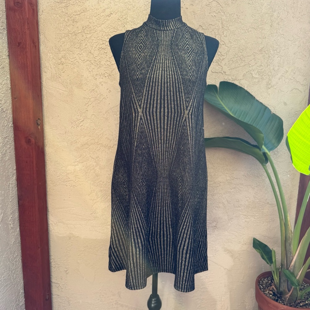 Tiana B. Black and Gold Tinsel Geometric Mini Dress